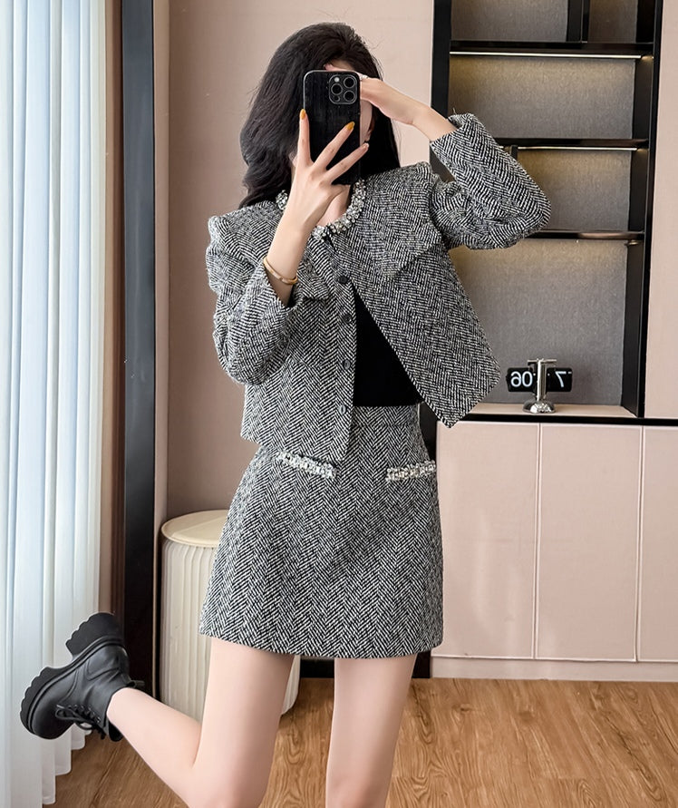 Women's Gray Tweed Two-Piece Skirt Set