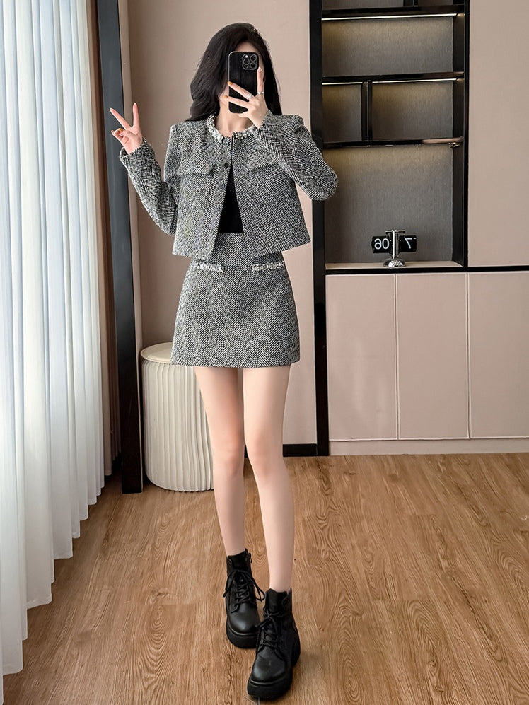 Women's Gray Tweed Two-Piece Skirt Set