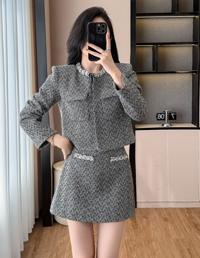 Women's Gray Tweed Two-Piece Skirt Set