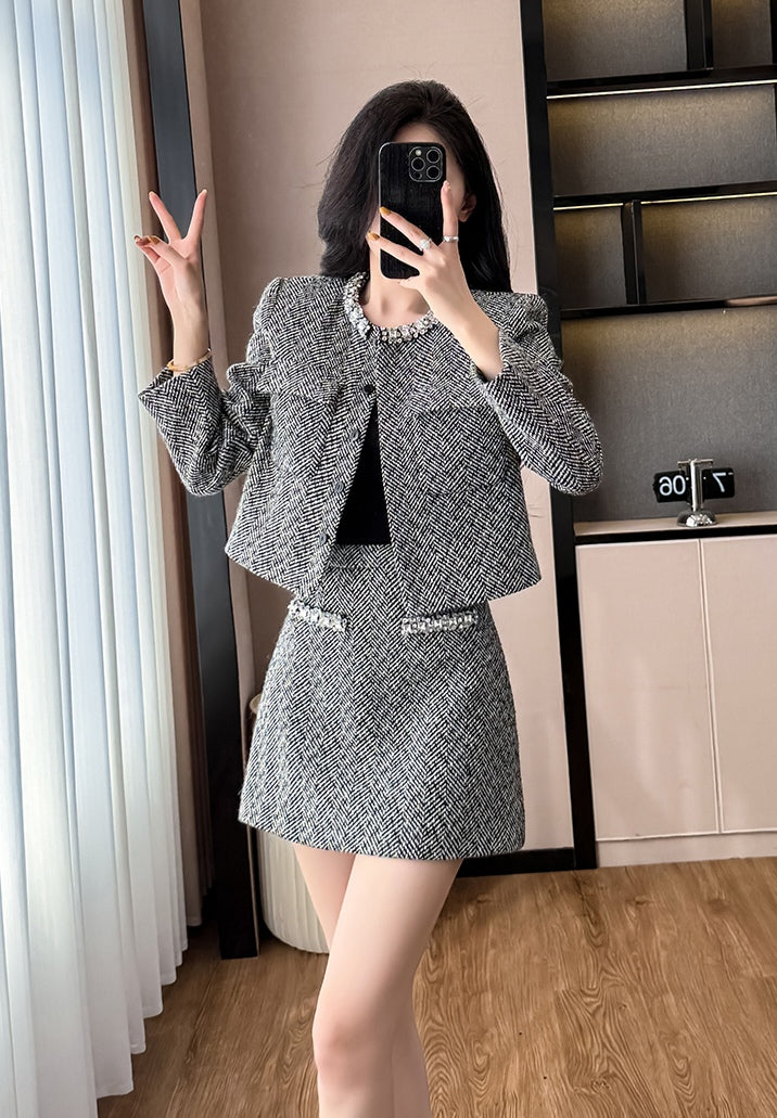 Women's Gray Tweed Two-Piece Skirt Set
