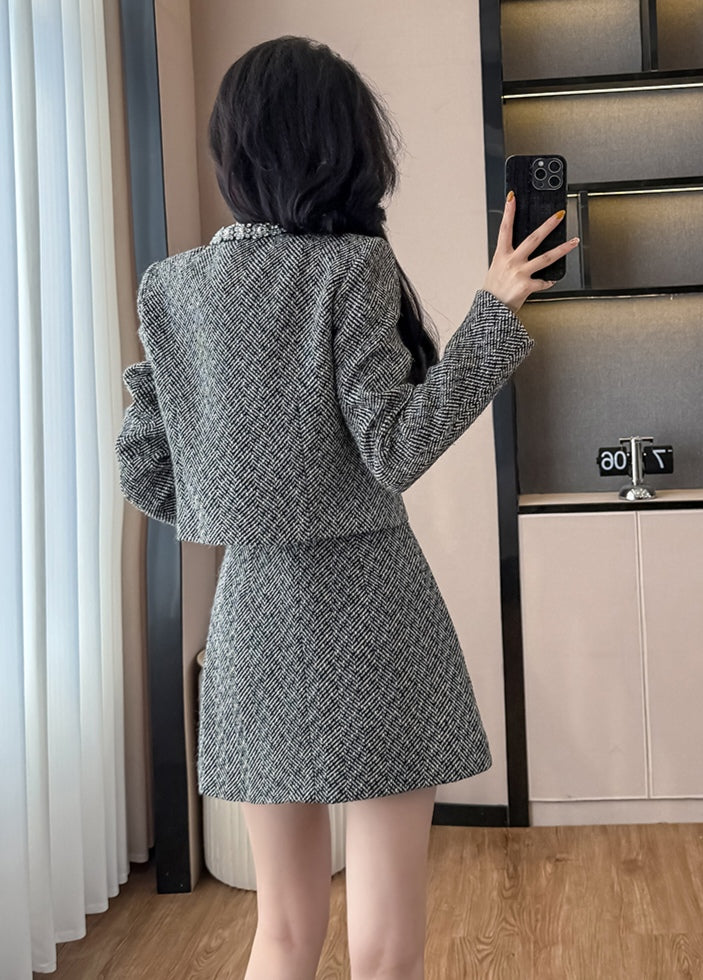 Women's Gray Tweed Two-Piece Skirt Set