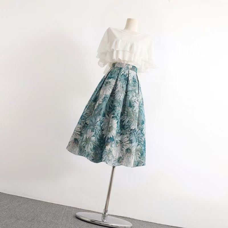 Textured Green and White Floral Jacquard Skirt
