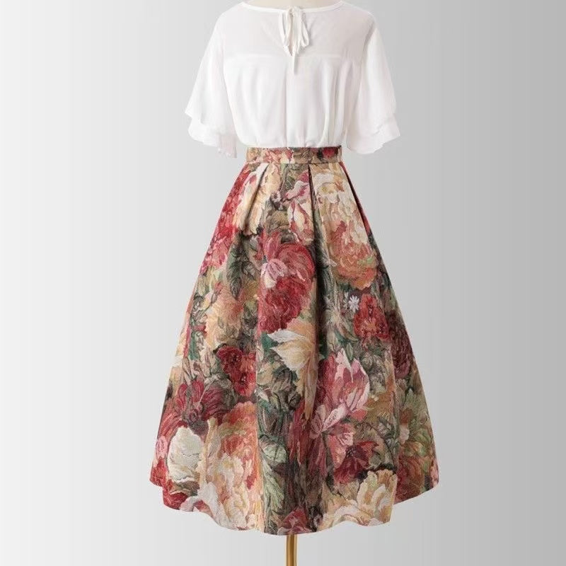 Floral Vintage-Inspired A-Line Midi Skirt