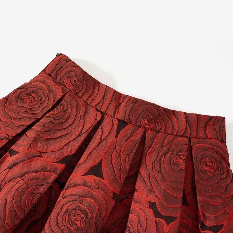 Red Rose Floral Pleated Skirt
