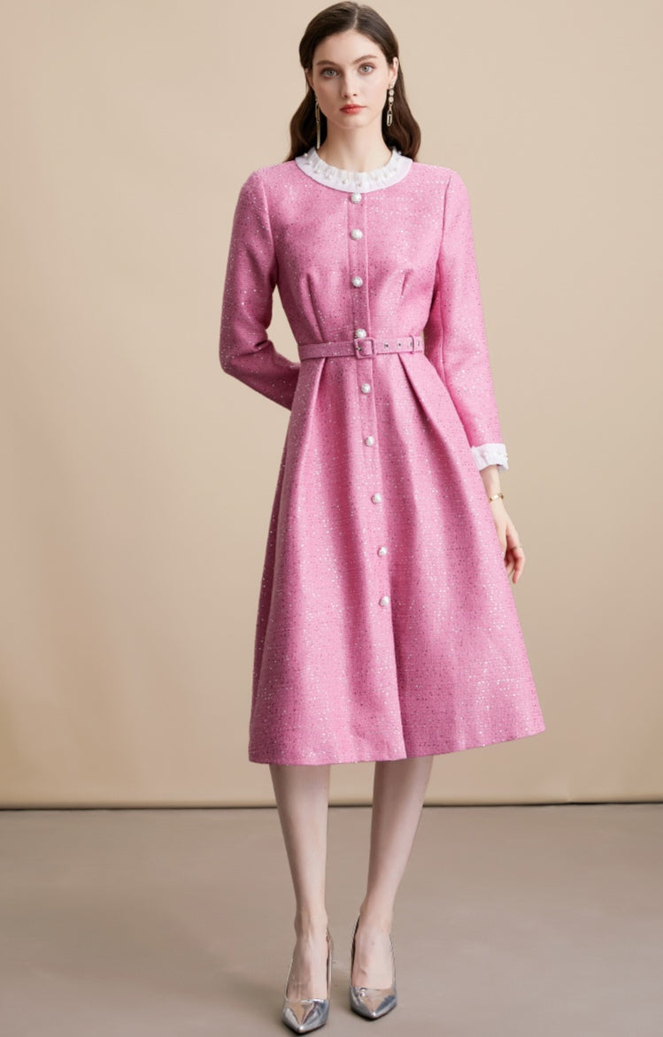 Embellished Collar Tweed Midi Dress