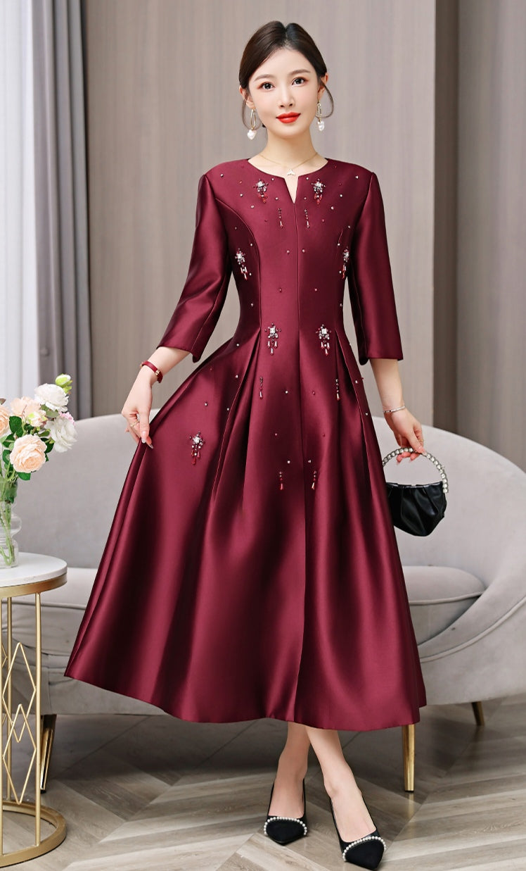 Elegant Burgundy Midi Dress with Beaded Details