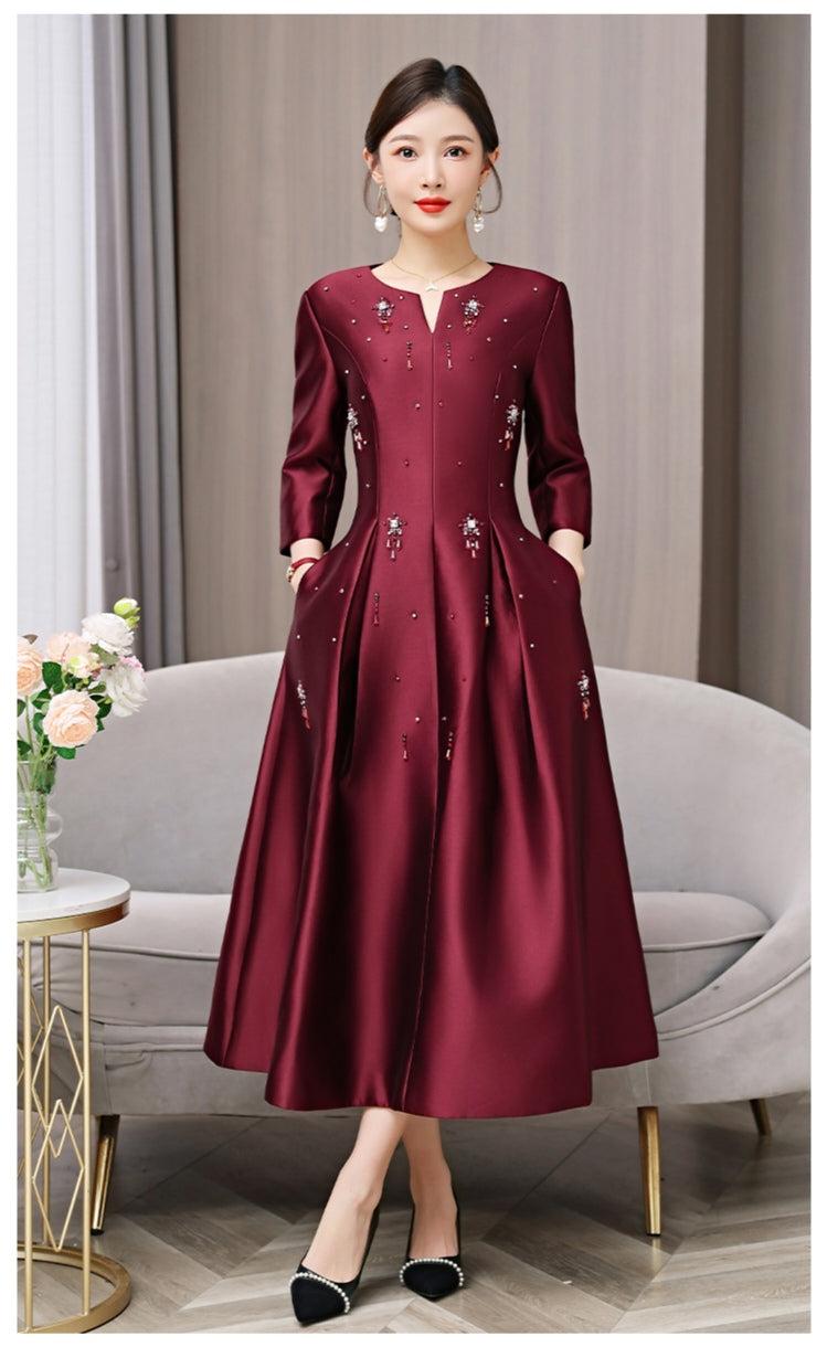 Elegant Burgundy Midi Dress with Beaded Details