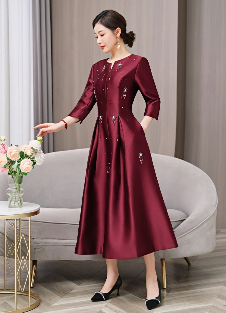 Elegant Burgundy Midi Dress with Beaded Details