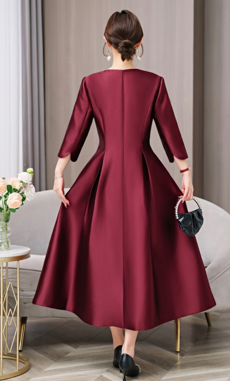 Elegant Burgundy Midi Dress with Beaded Details