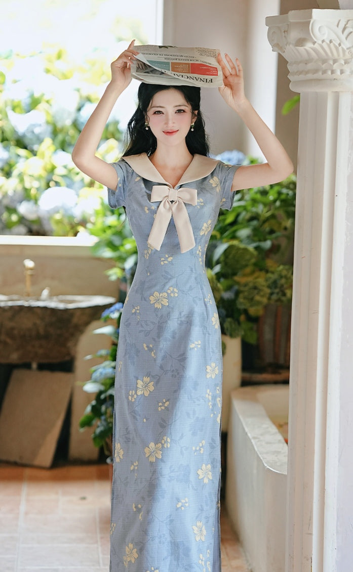Vintage Style Floral Maxi Dress with Bow Collar
