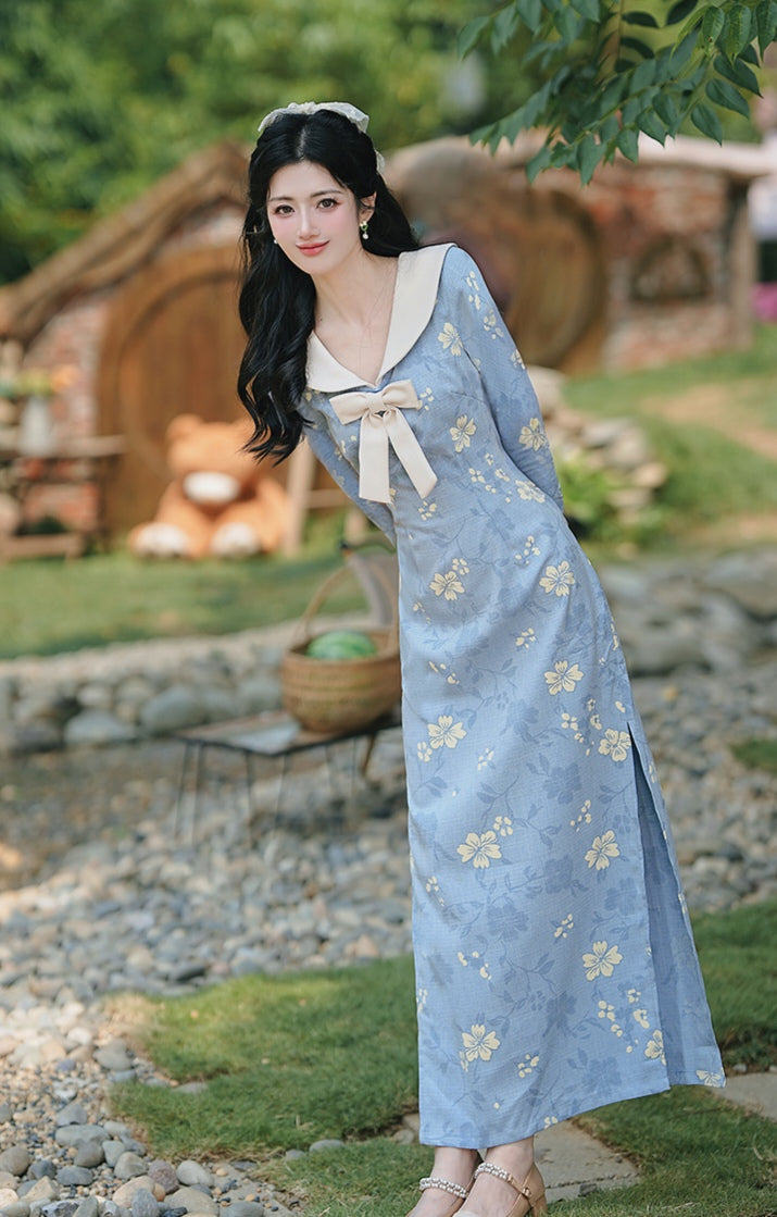 Vintage Style Floral Maxi Dress with Bow Collar