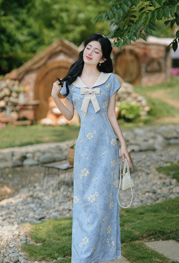 Vintage Style Floral Maxi Dress with Bow Collar