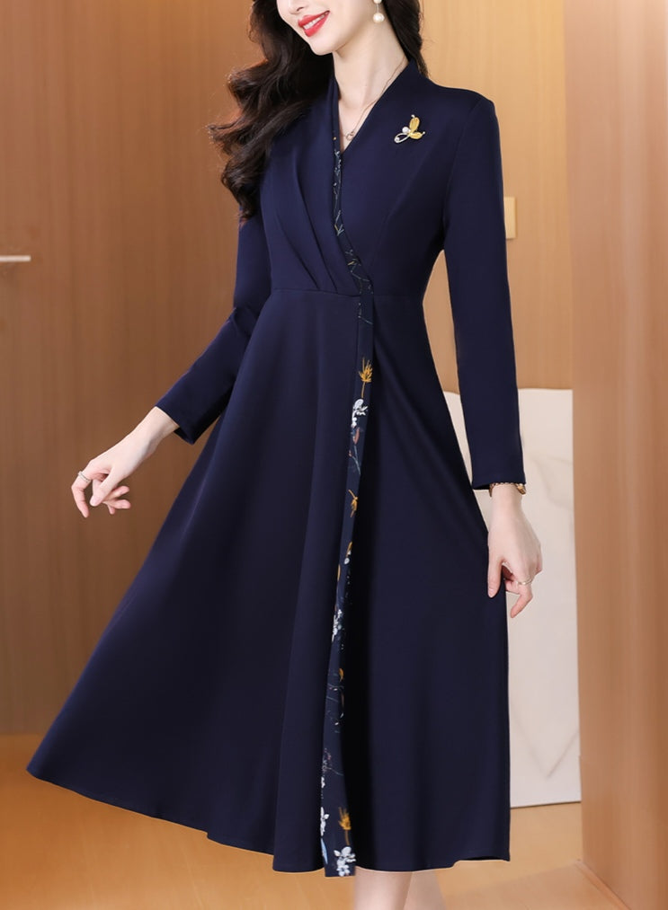 Long Sleeve A-Line Navy Wrap Dress with Side Floral Print Accent