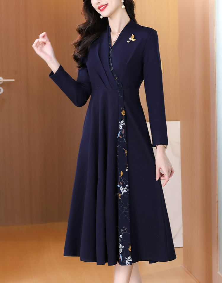 Long Sleeve A-Line Navy Wrap Dress with Side Floral Print Accent