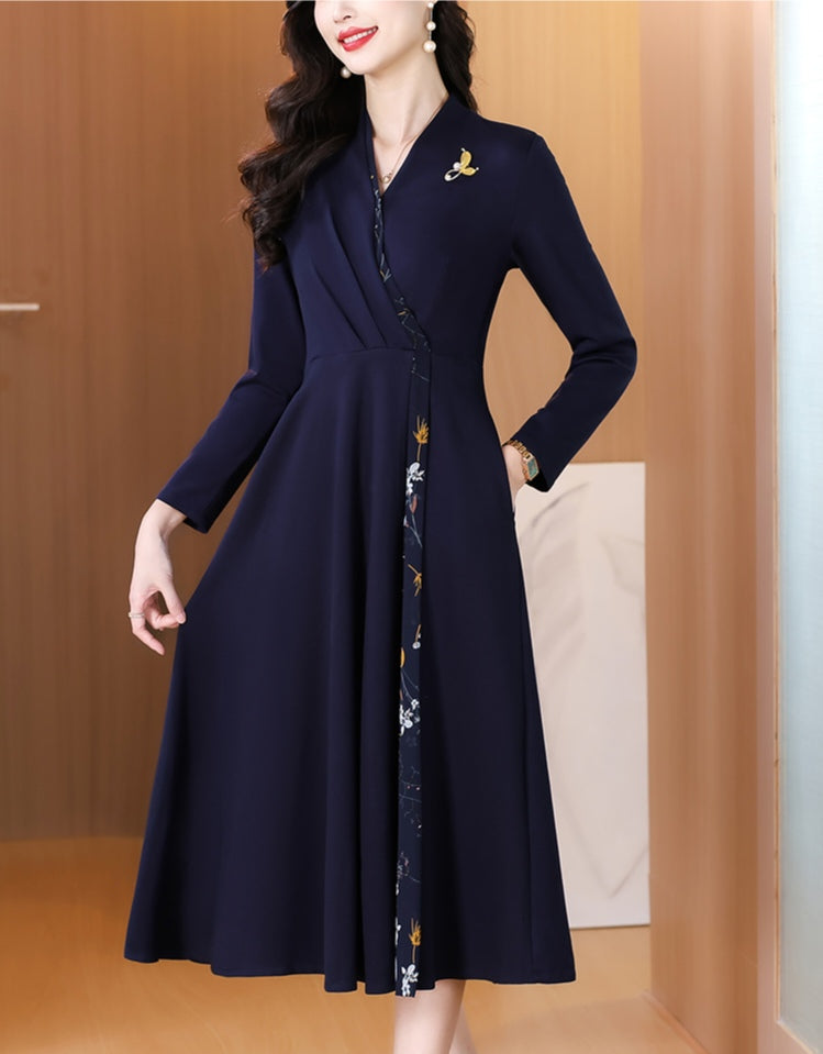 Long Sleeve A-Line Navy Wrap Dress with Side Floral Print Accent