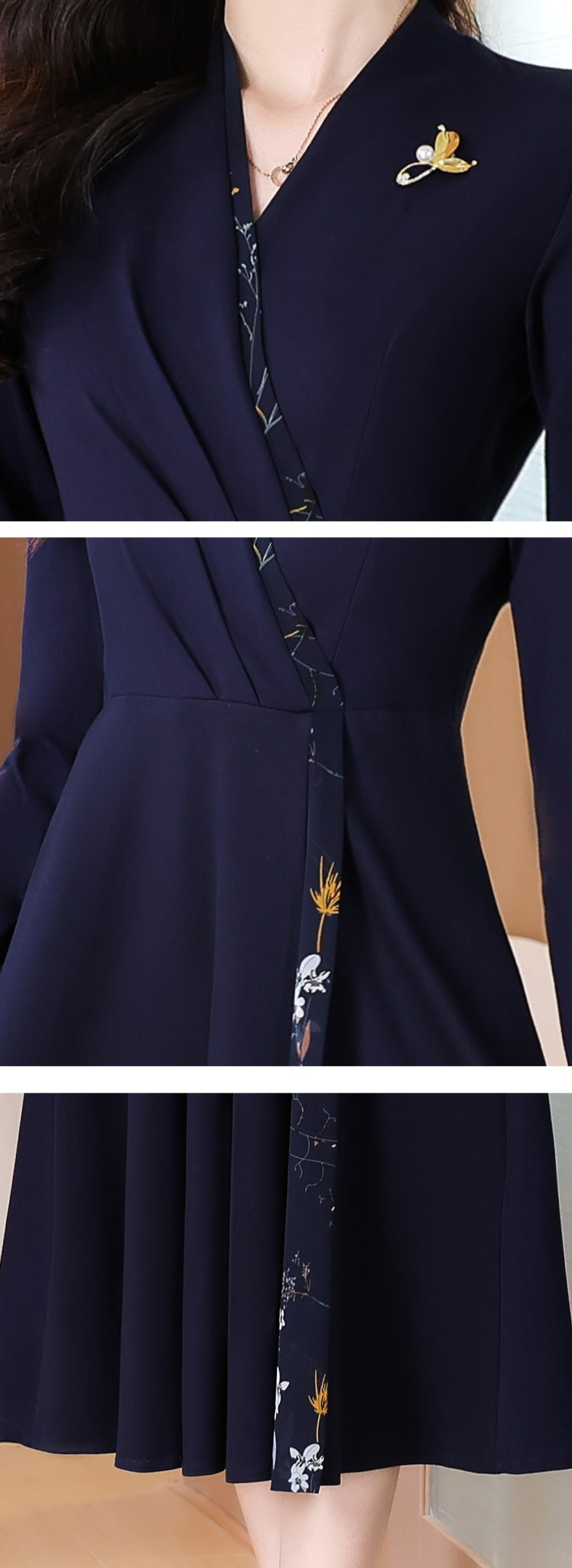 Long Sleeve A-Line Navy Wrap Dress with Side Floral Print Accent