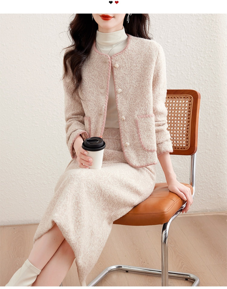 Chic Tweed Round Neck Cropped Jacket & Midi Pencil Skirt