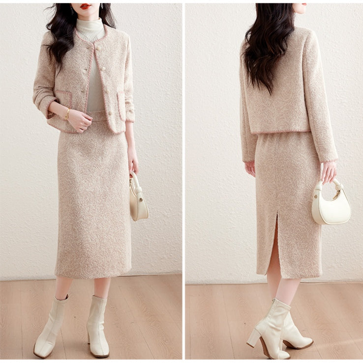 Chic Tweed Round Neck Cropped Jacket & Midi Pencil Skirt