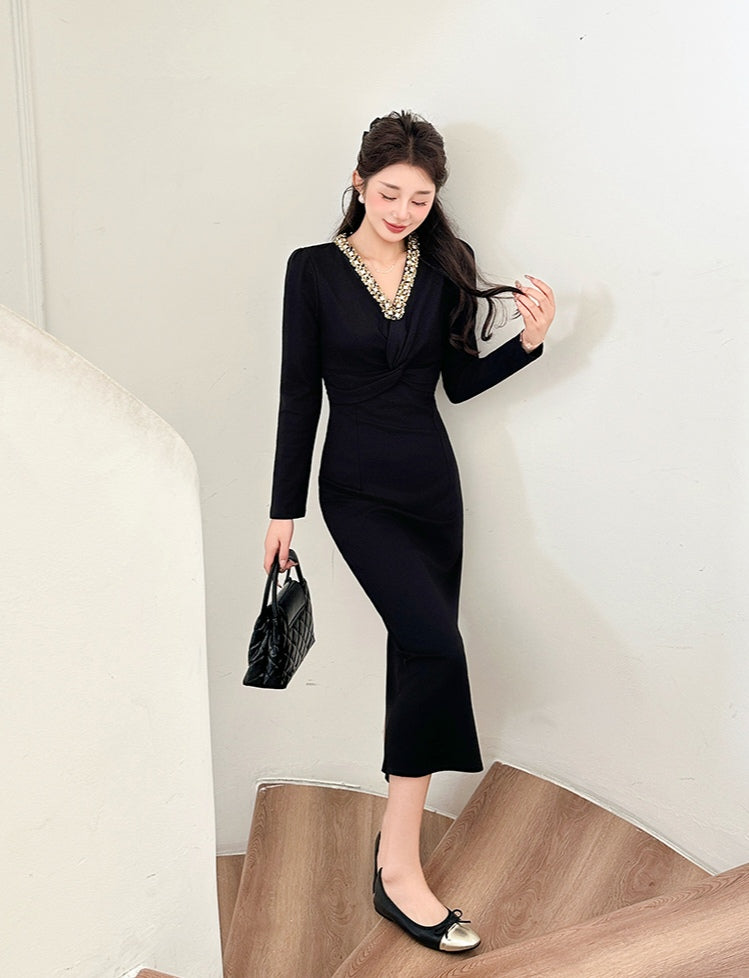 Beaded Little Black Midi Dress