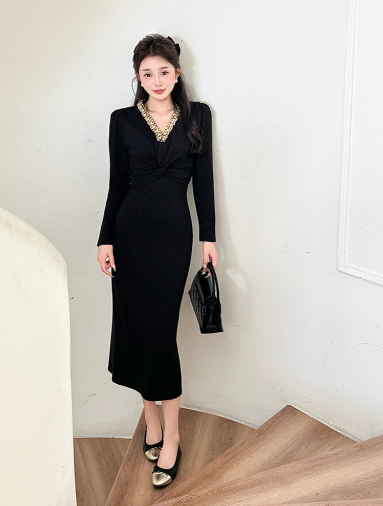 Beaded Little Black Midi Dress