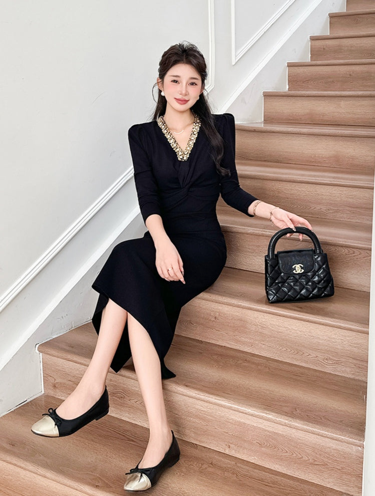 Beaded Little Black Midi Dress
