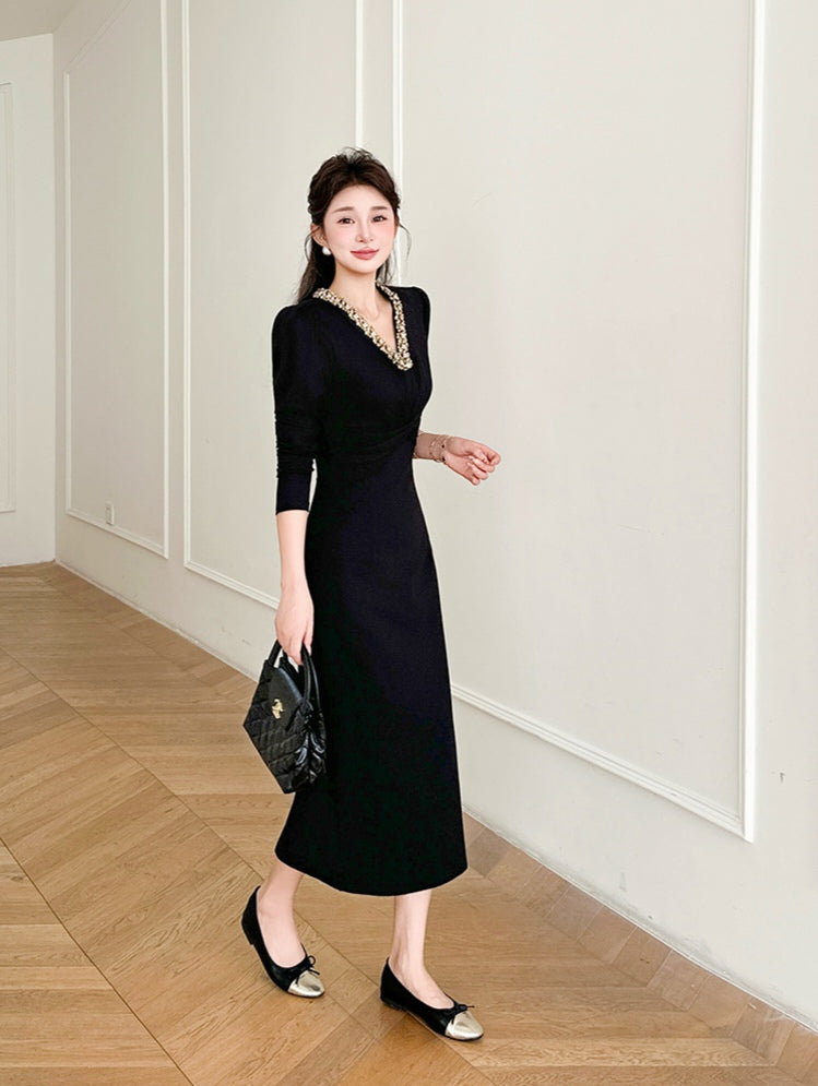 Beaded Little Black Midi Dress