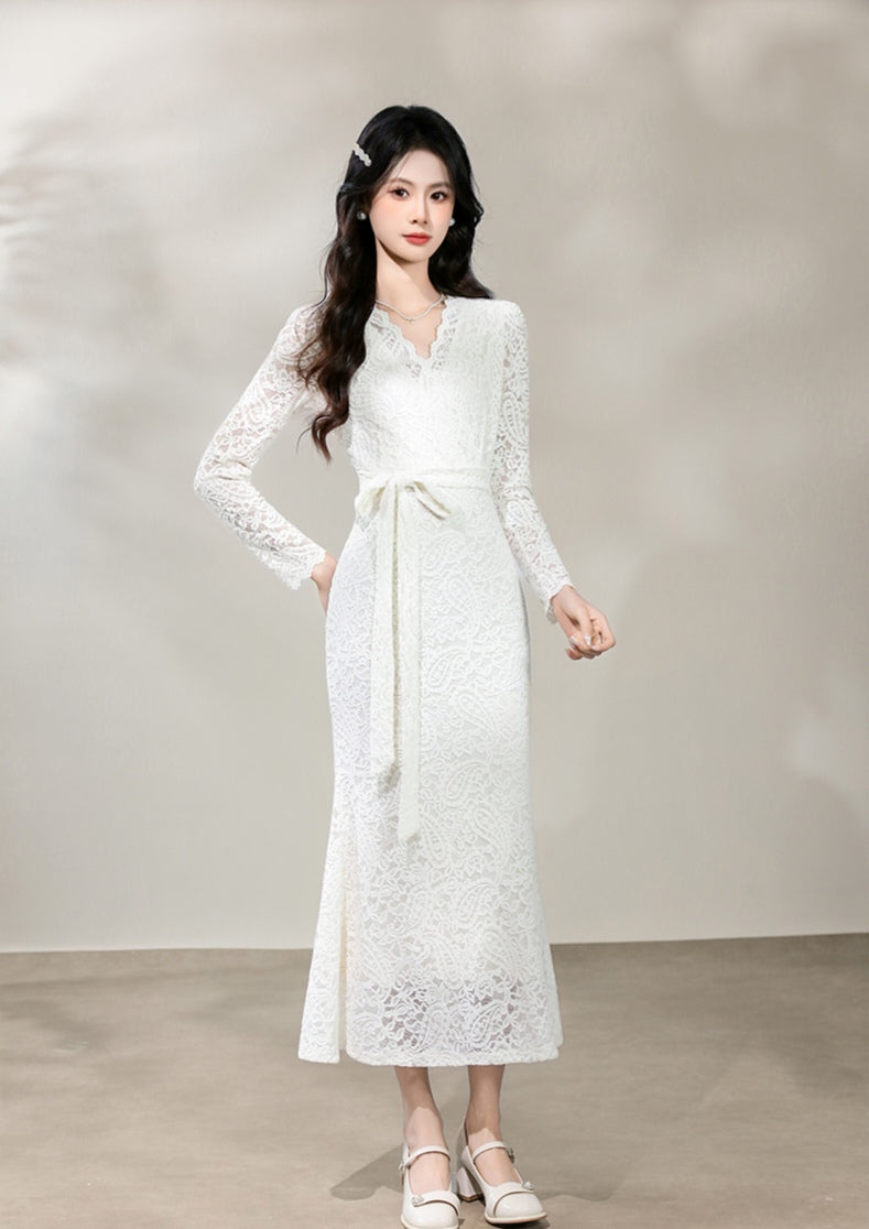 Elegant Lace Formal Wrap Dress Long Sleeve Midi Cocktail Gown