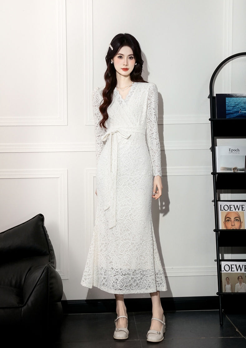 Elegant Lace Formal Wrap Dress Long Sleeve Midi Cocktail Gown