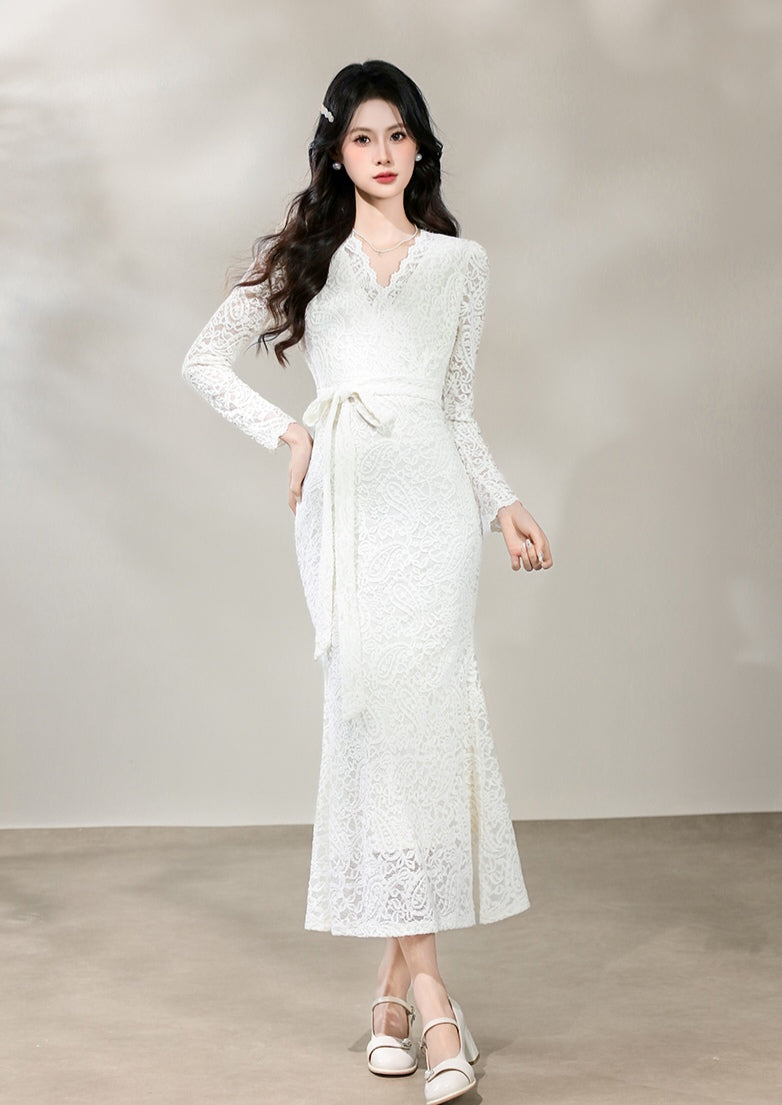 Elegant Lace Formal Wrap Dress Long Sleeve Midi Cocktail Gown