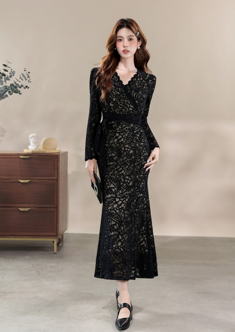 Elegant Lace Formal Wrap Dress Long Sleeve Midi Cocktail Gown