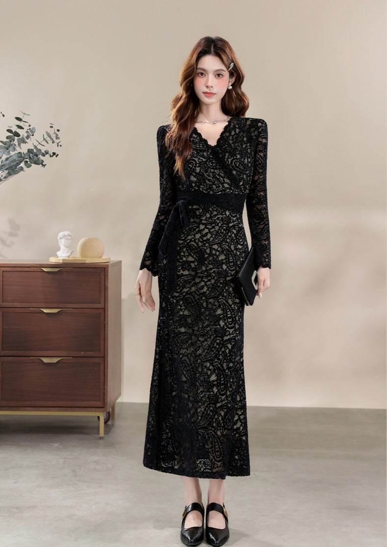 Elegant Lace Formal Wrap Dress Long Sleeve Midi Cocktail Gown