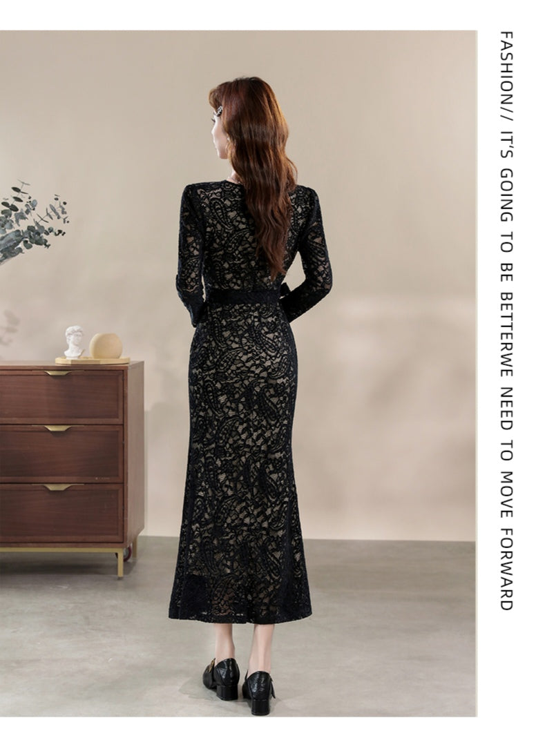 Elegant Lace Formal Wrap Dress Long Sleeve Midi Cocktail Gown