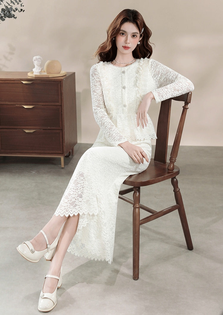 Modest Ivory Lace Co-Ord Set with Ruffled Peplum Blouse and Long Skirt