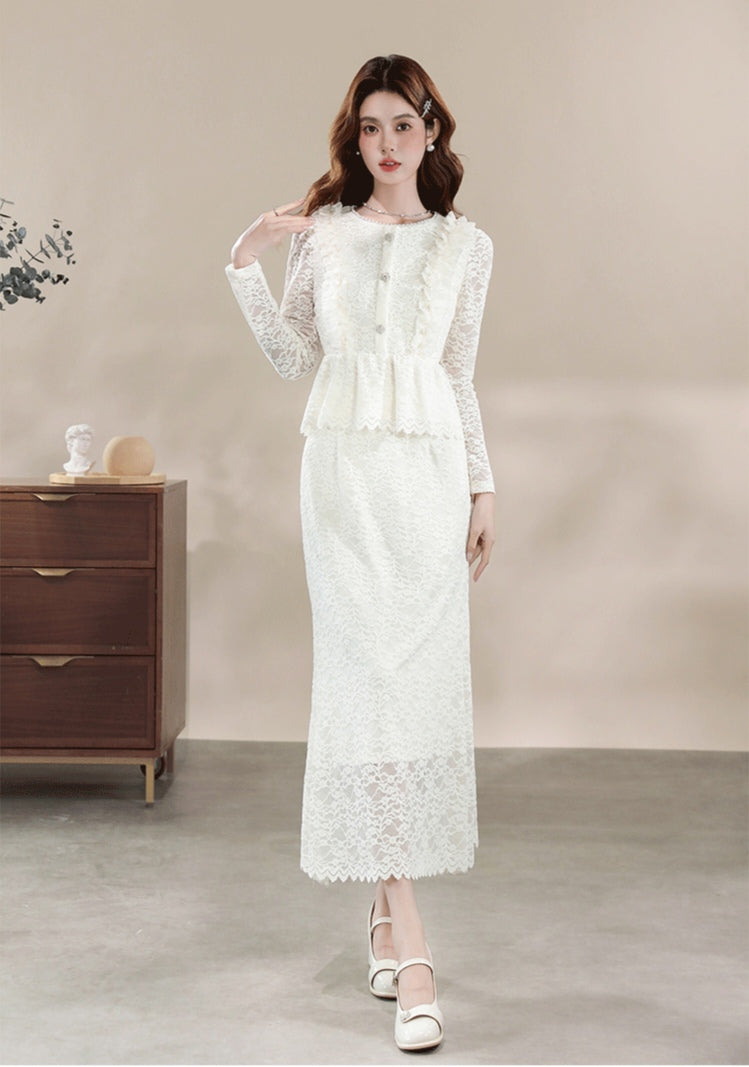 Modest Ivory Lace Co-Ord Set with Ruffled Peplum Blouse and Long Skirt