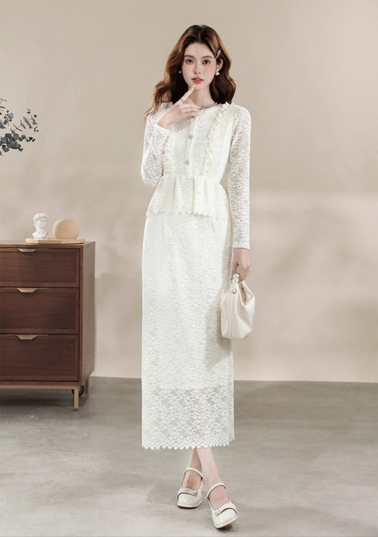 Modest Ivory Lace Co-Ord Set with Ruffled Peplum Blouse and Long Skirt
