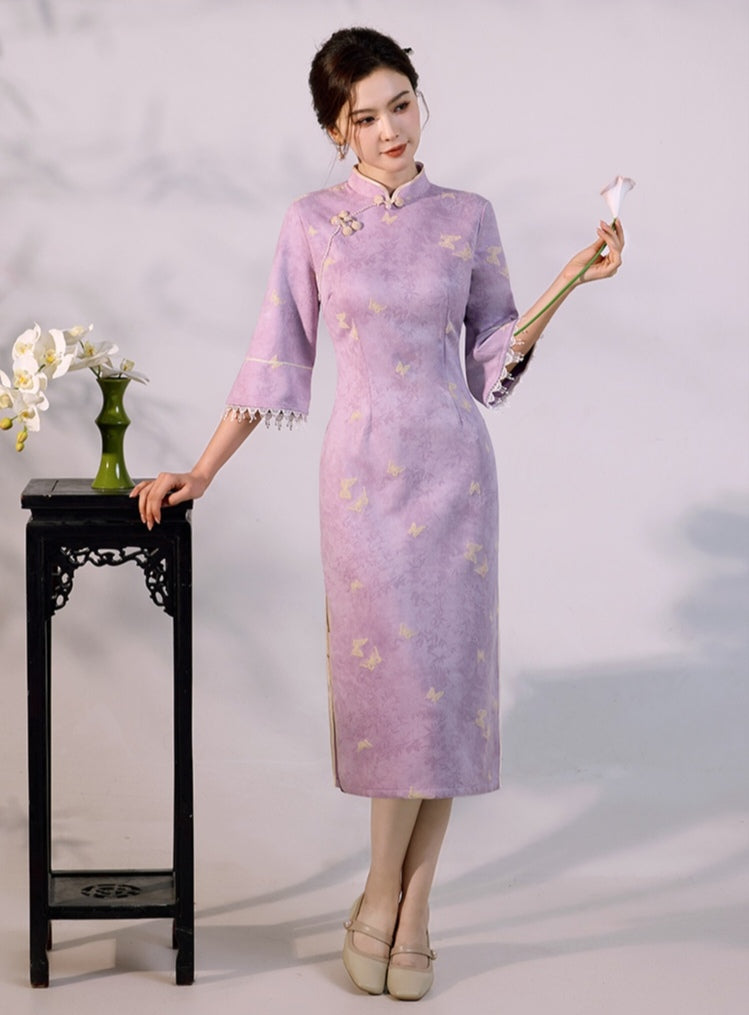 Purple Jacquard Qipao Dress Half Sleeve Cheongsam with Lace Cuff