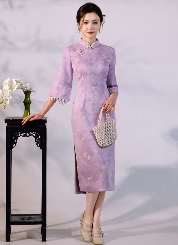 Purple Jacquard Qipao Dress Half Sleeve Cheongsam with Lace Cuff