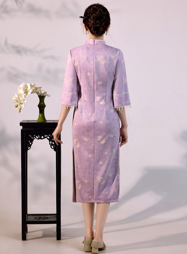 Purple Jacquard Qipao Dress Half Sleeve Cheongsam with Lace Cuff
