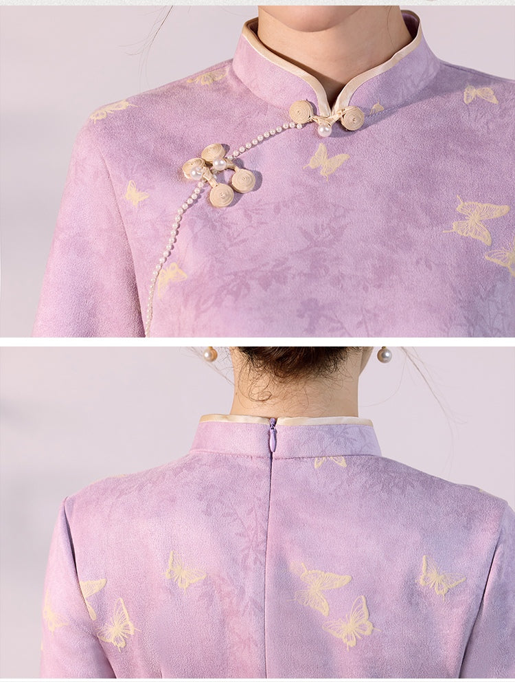 Purple Jacquard Qipao Dress Half Sleeve Cheongsam with Lace Cuff