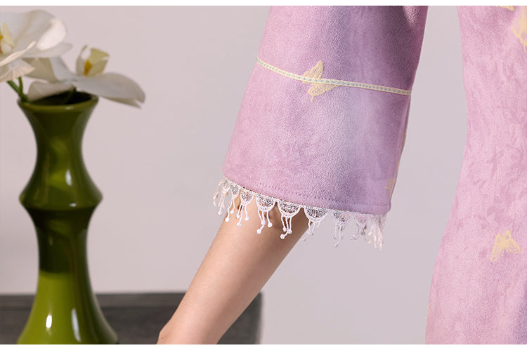 Purple Jacquard Qipao Dress Half Sleeve Cheongsam with Lace Cuff