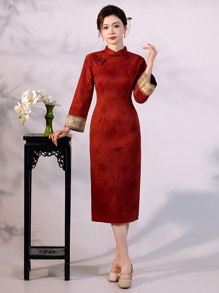 Modern Red Qipao Dress Long Sleeve Cheongsam