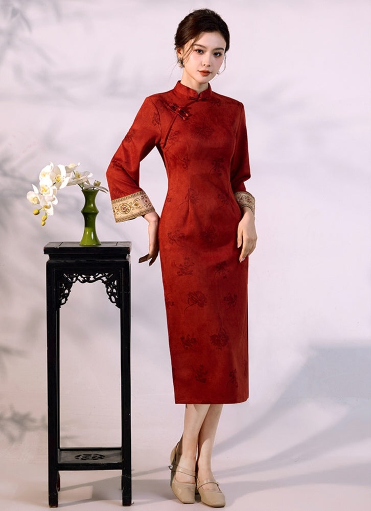 Modern Red Qipao Dress Long Sleeve Cheongsam