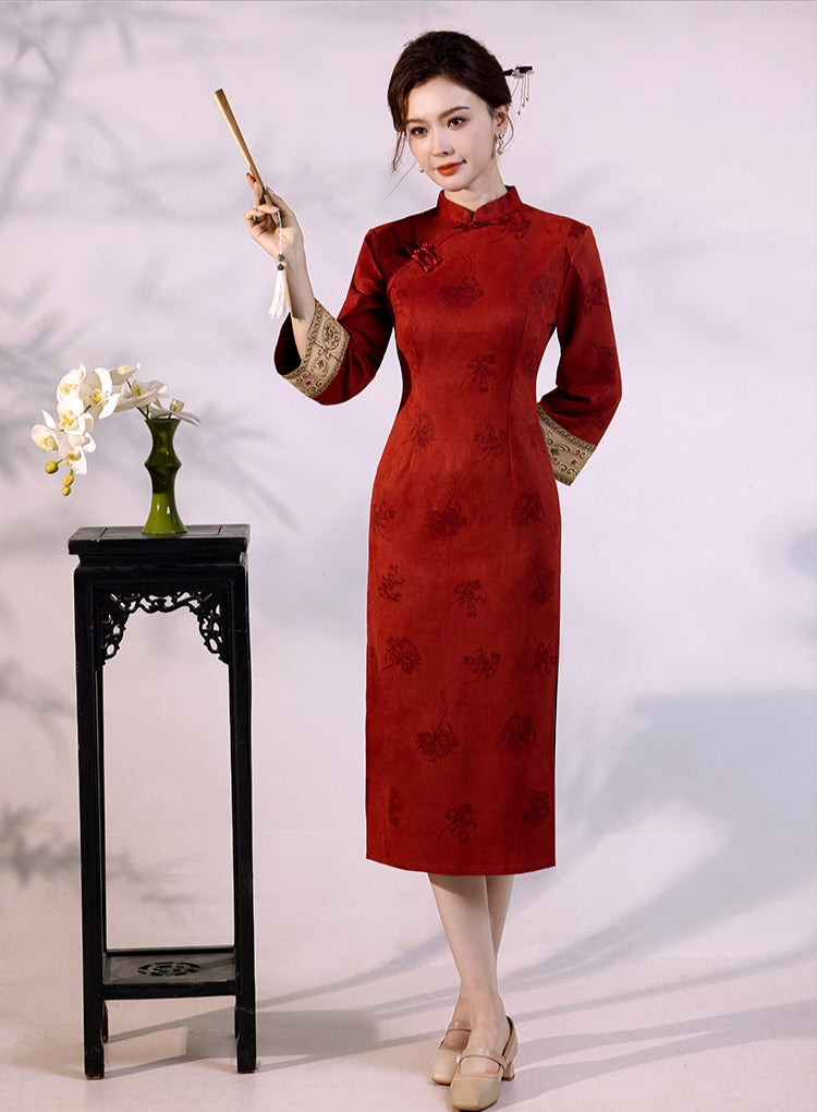 Modern Red Qipao Dress Long Sleeve Cheongsam