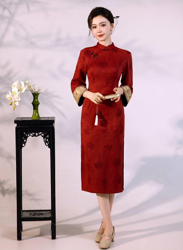 Modern Red Qipao Dress Long Sleeve Cheongsam