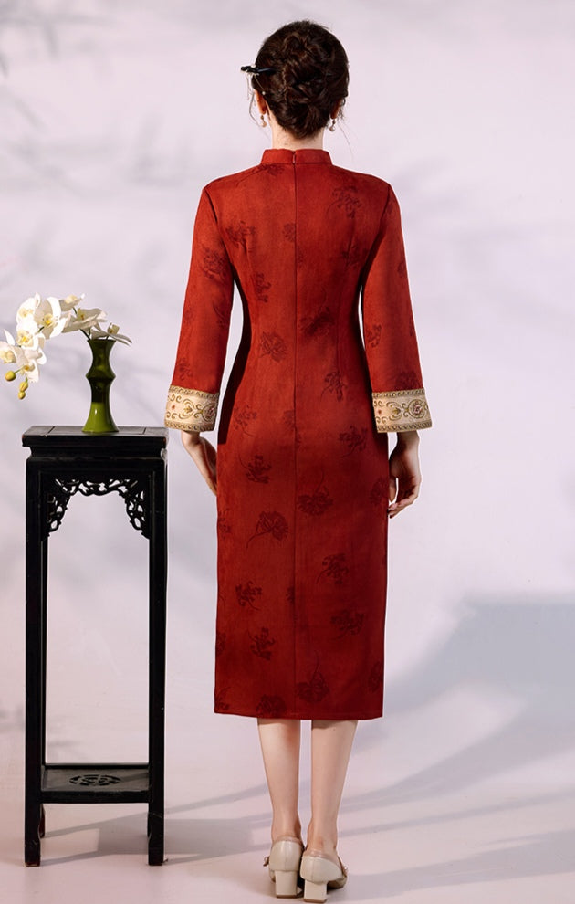 Modern Red Qipao Dress Long Sleeve Cheongsam