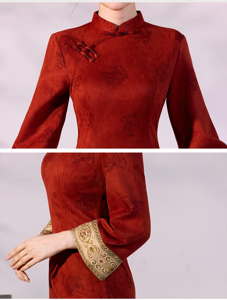 Modern Red Qipao Dress Long Sleeve Cheongsam