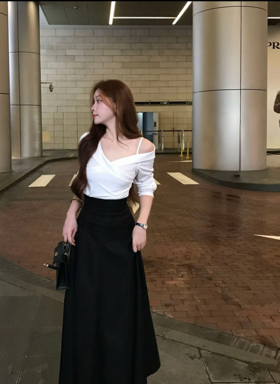 Korean Style White Off-Shoulder Blouse & Long Black Skirt Outfit