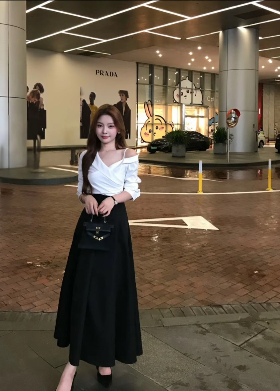 Korean Style White Off-Shoulder Blouse & Long Black Skirt Outfit