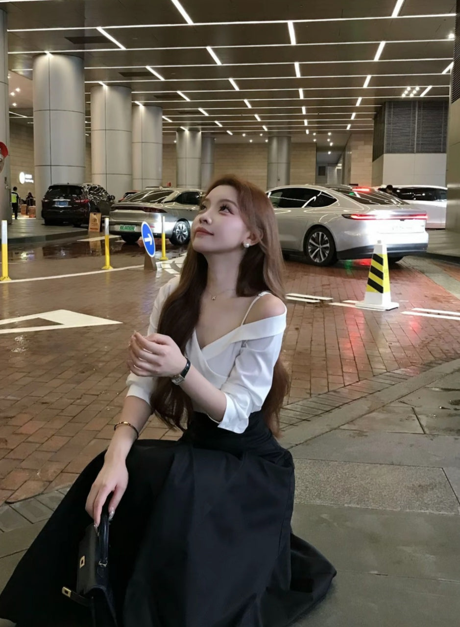 Korean Style White Off-Shoulder Blouse & Long Black Skirt Outfit