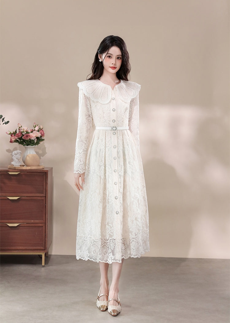 Retro Lace Maxi Dress with Oversized Ruffle Collar and Belt